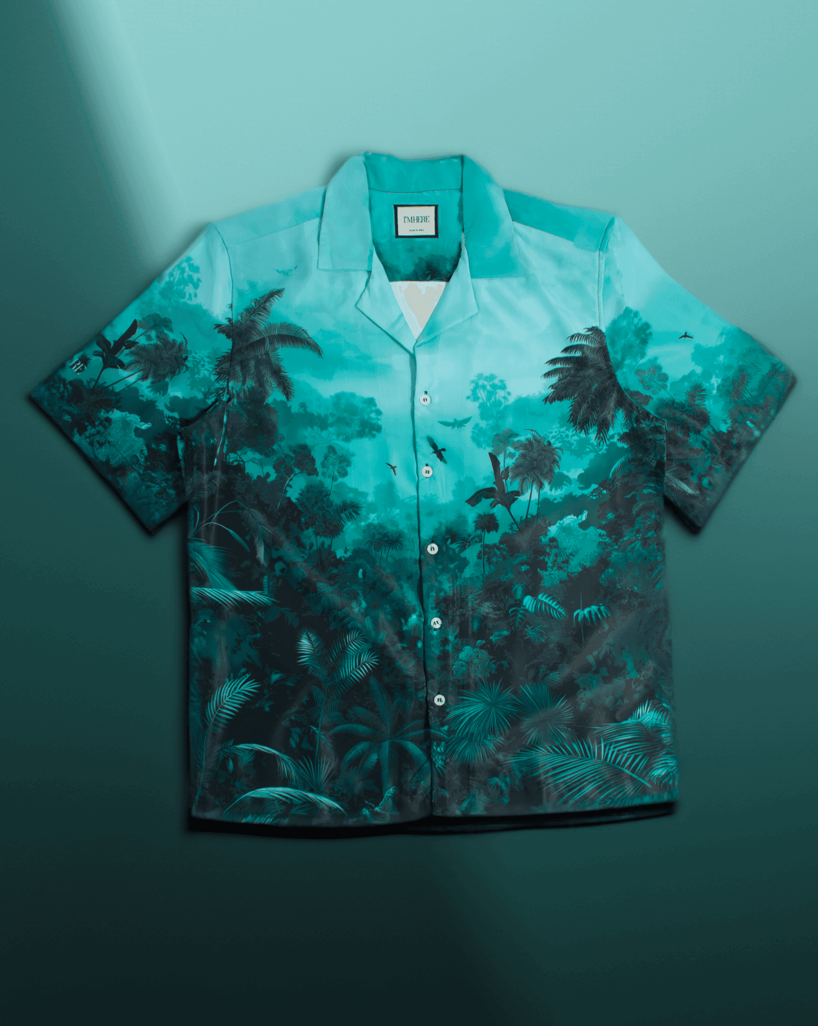 Stylera teal tropical button up stylish short sleeve resort shirt with palm print and camp collar