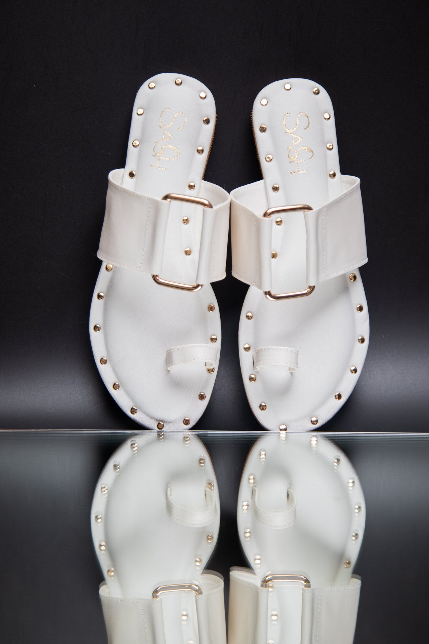 Stylera stylish summer slip on flats in white with gold stud accents and buckle detail