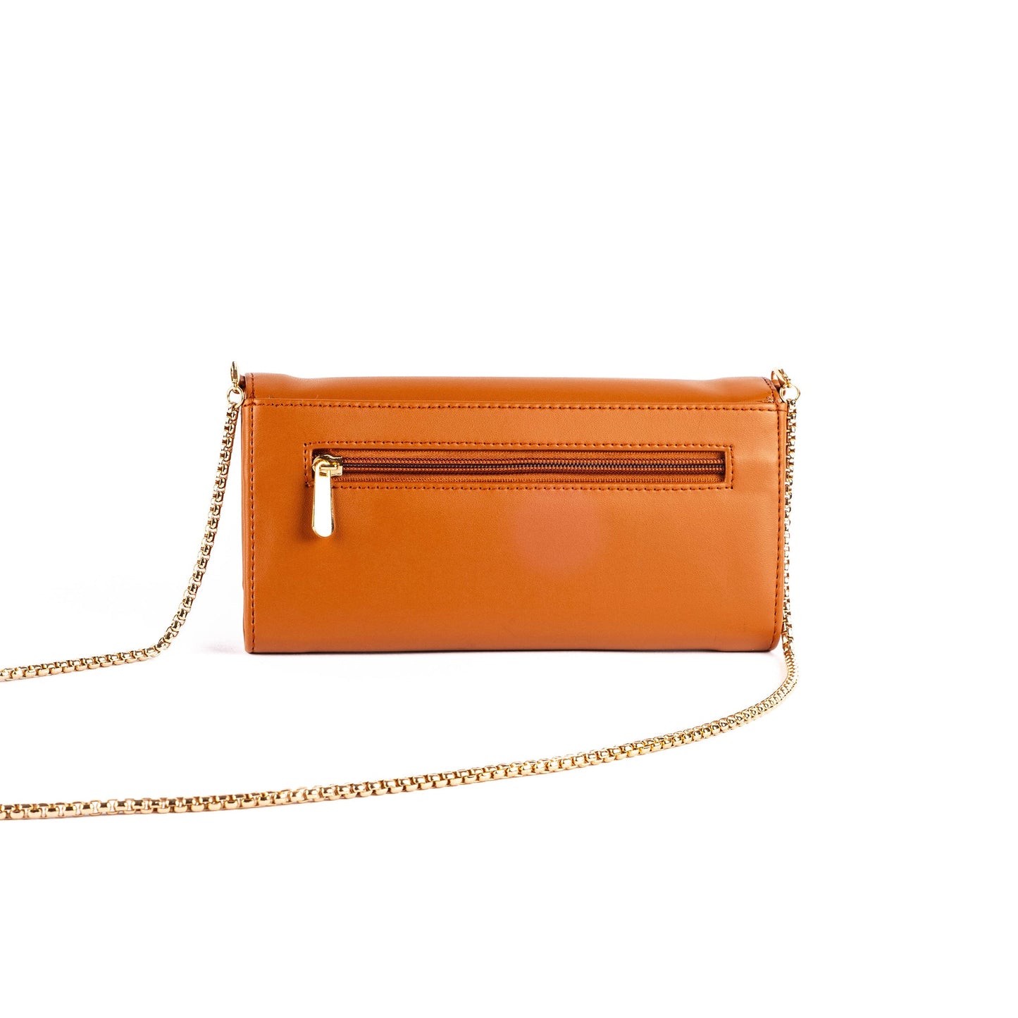 Stylish tan evening bag with a chain strap and zippered pocket for easy access