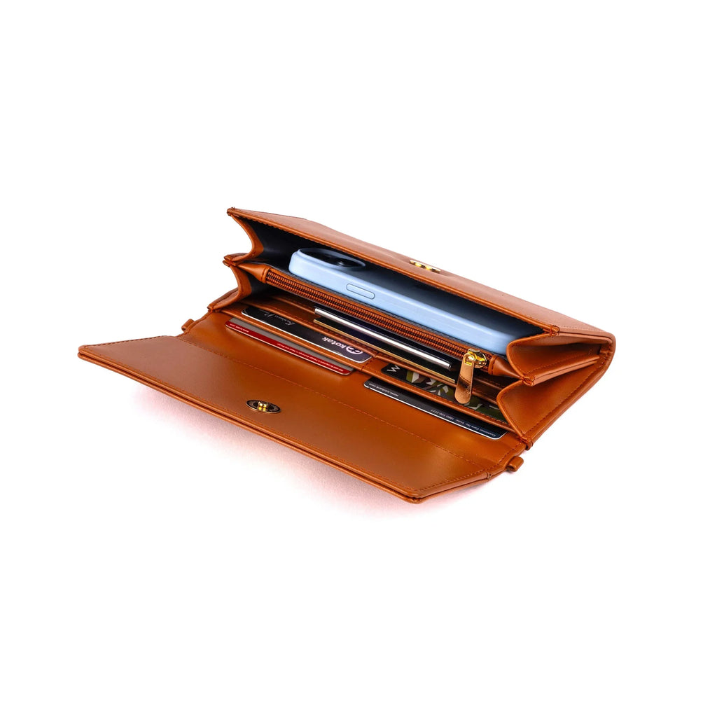Stylish tan evening bag with multiple card slots and a phone compartment for convenient storage