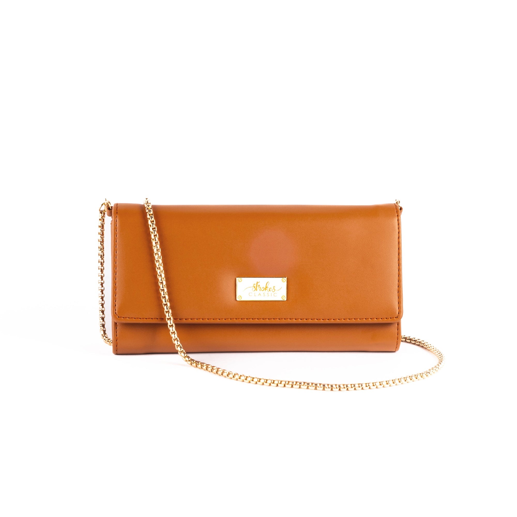 Stylish tan evening bag with a gold chain strap and a sleek design by Stylera