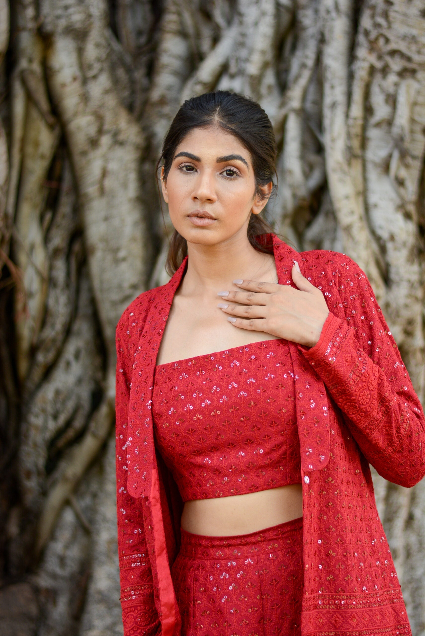 Stylera stylish three piece set for parties featuring a crop top, skirt, and matching cover-up in red