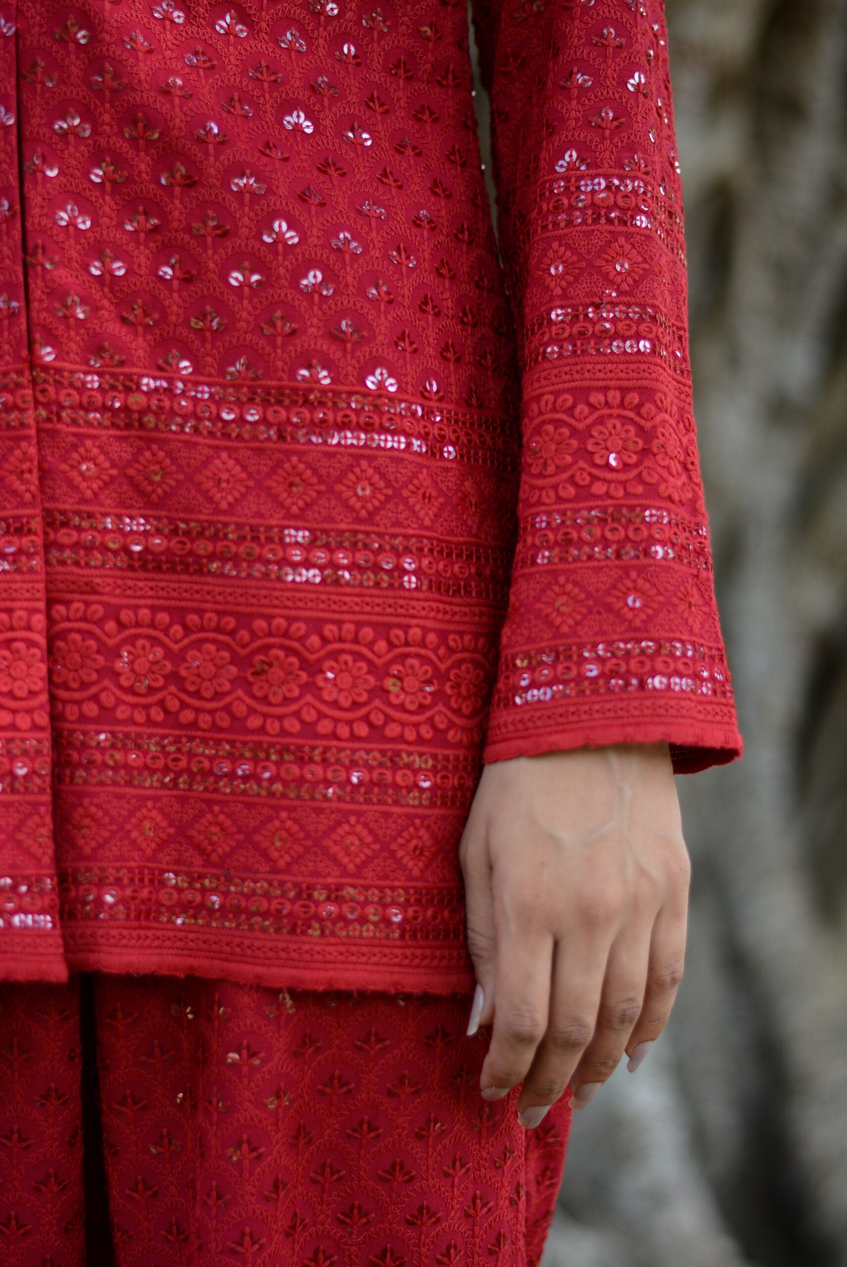 Elegant red attire featuring intricate designs from Stylera, perfect stylish three piece set for parties