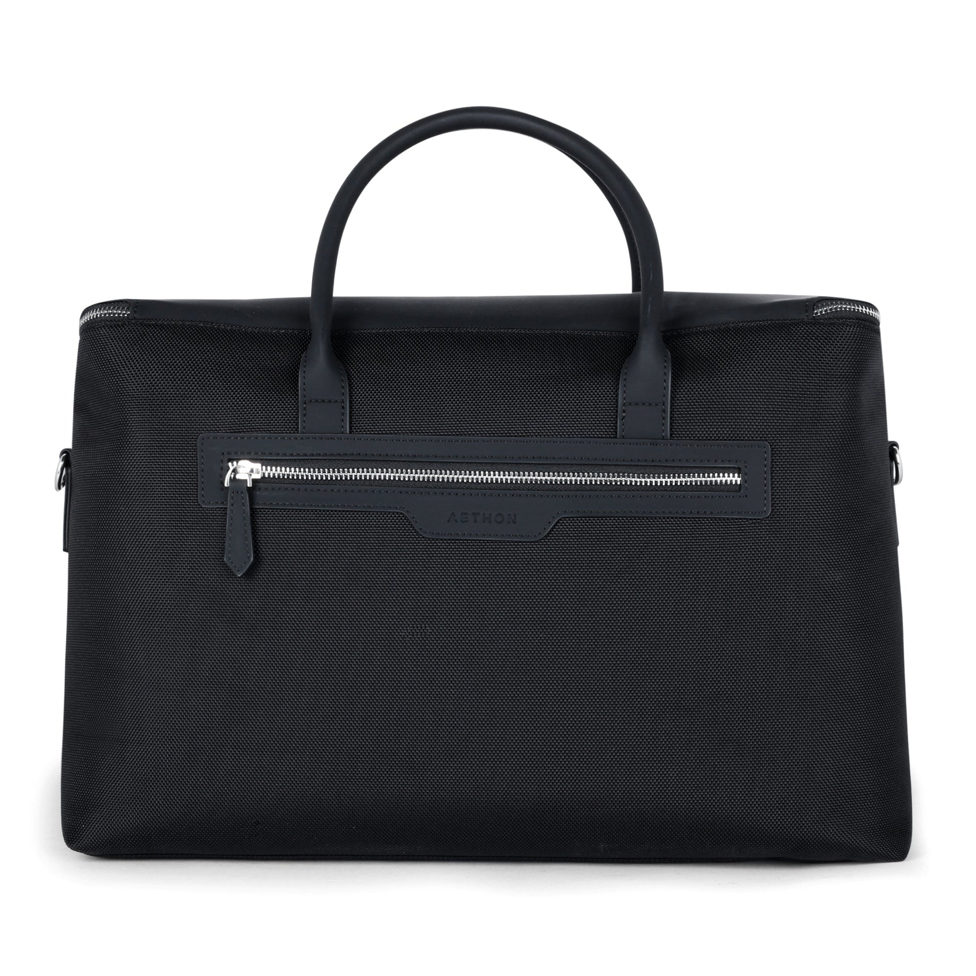 Stylera black canvas duffle with leather handles and front zip pocket minimalist design stylish travel duffle bag