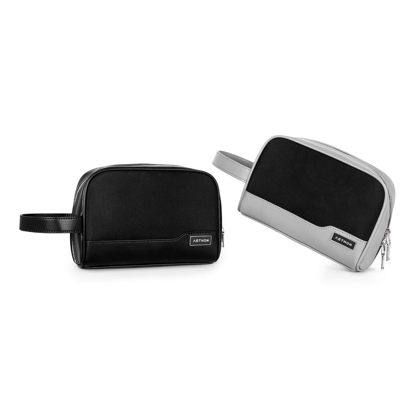 Stylera black and gray leather dopp kit set stylish travel essentials pouch with wrist strap and zipper