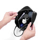 Stylera black leather stylish travel essentials pouch open showing toiletries bottles and hands holding it