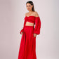 Chic red off-the-shoulder matching set for women featuring a crop top and flowy pants, stylish trendy matching sets for women