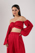 Red off-shoulder top and high-waisted pants stylish trendy matching sets for women