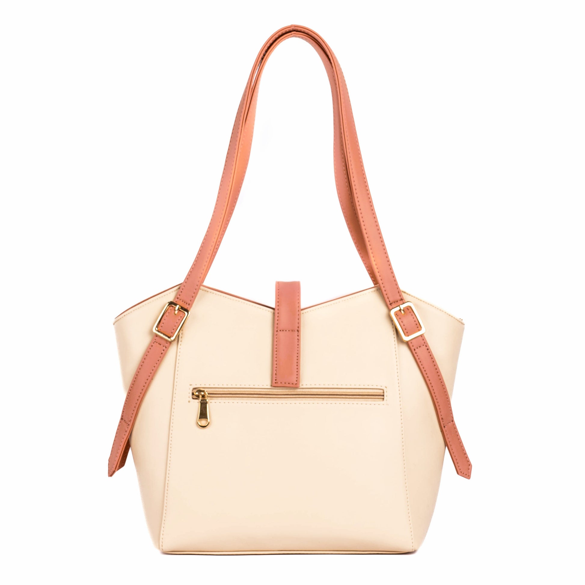 Elara stylish women's tote bag in beige with tan straps and a decorative zipper pocket