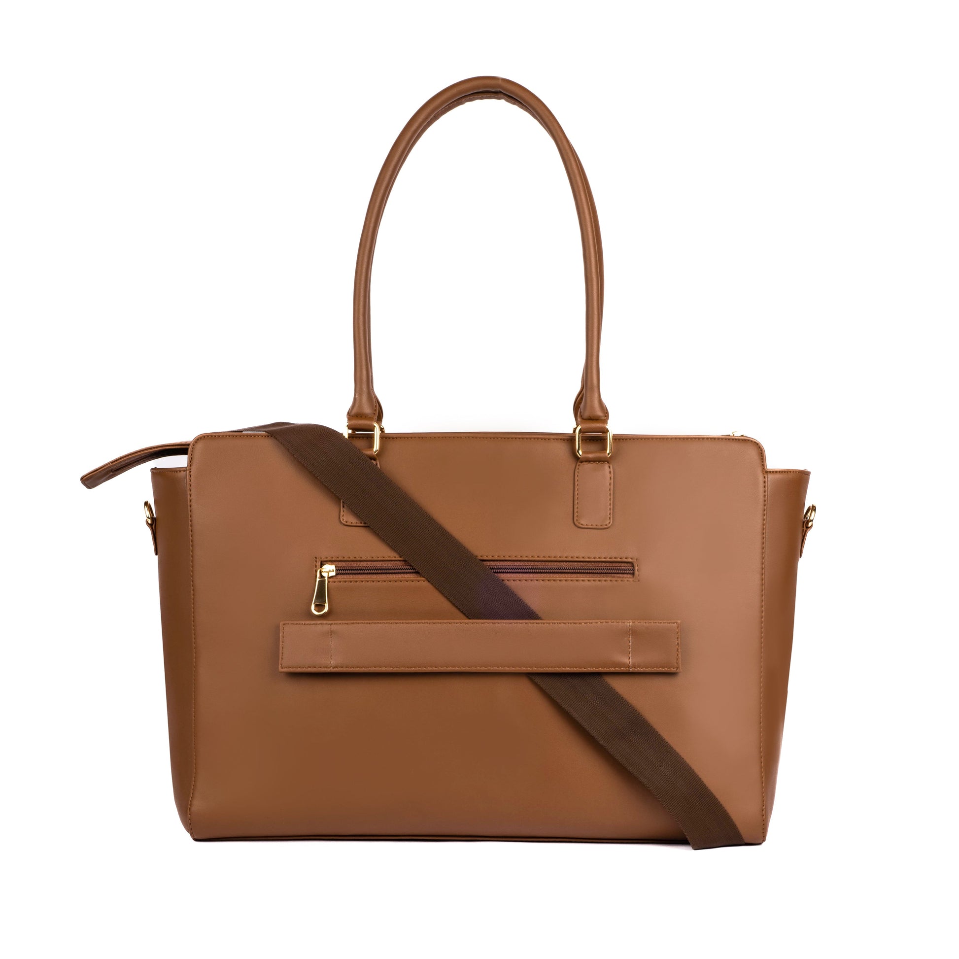 Stylish work tote for laptops in brown with a sleek design and removable shoulder strap