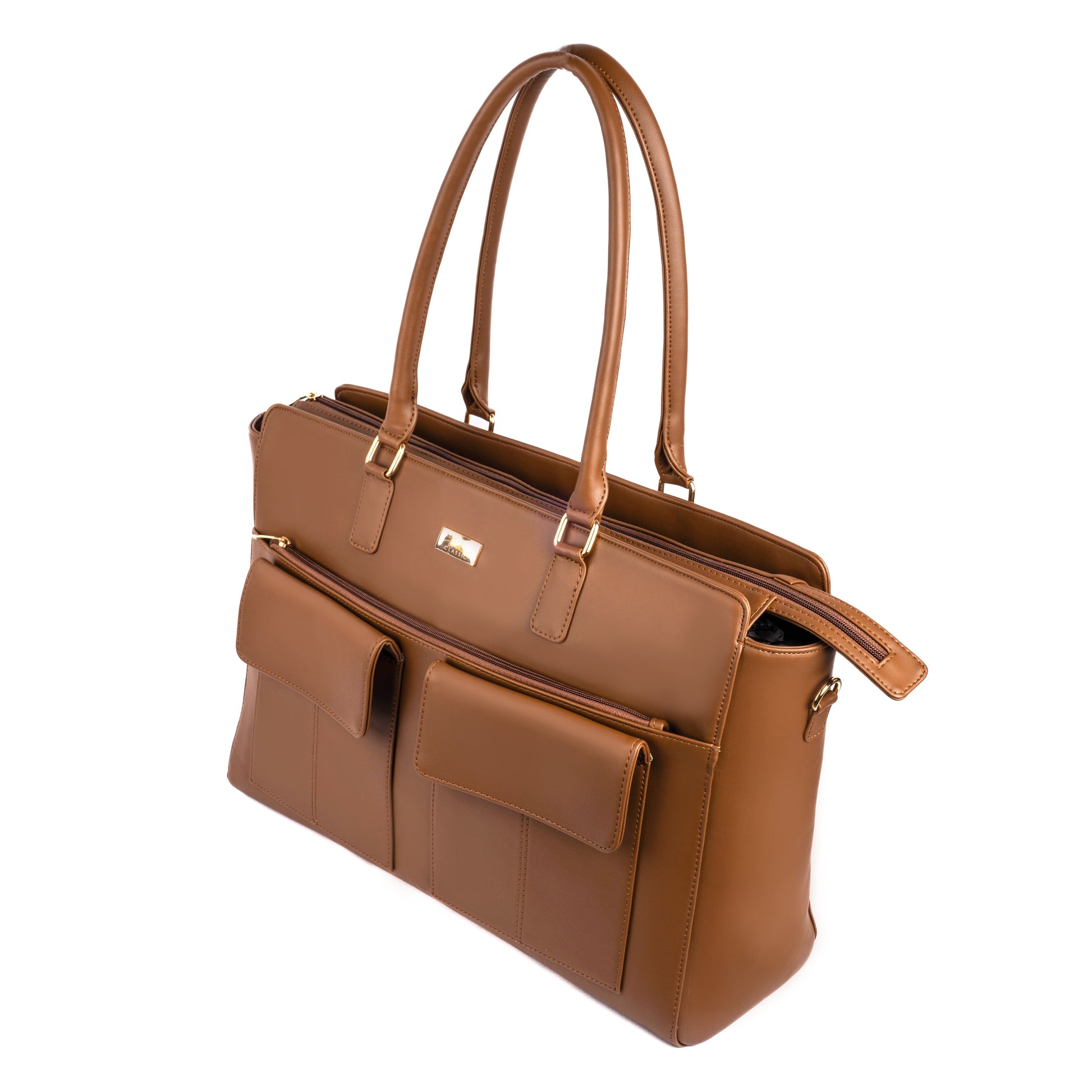 Brown oversized tote bag by Stylera, a stylish work tote for laptops with multiple pockets