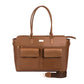 Stylish work tote for laptops in brown leather with spacious compartments and adjustable shoulder strap