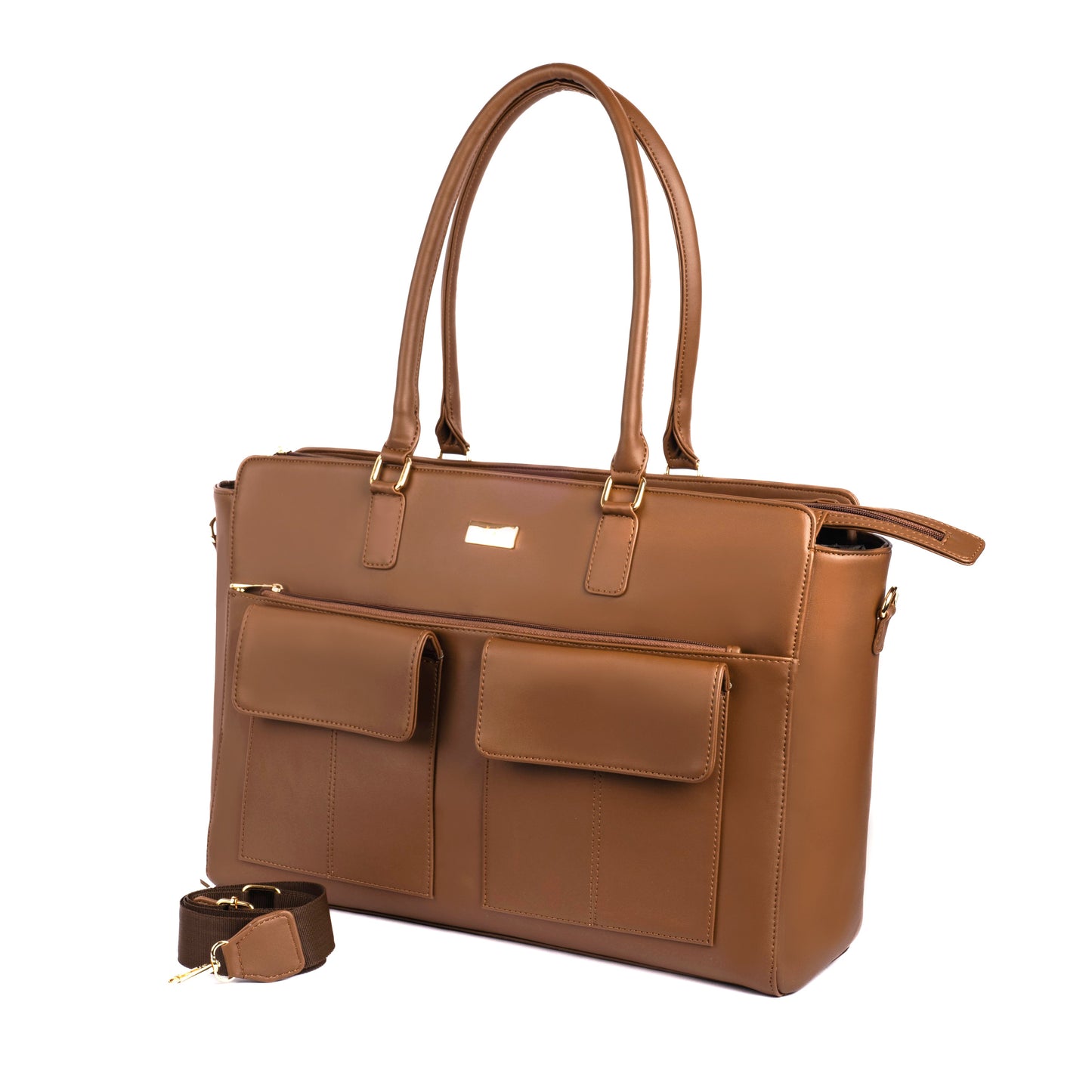 Stylish work tote for laptops in brown with spacious compartments and a detachable strap