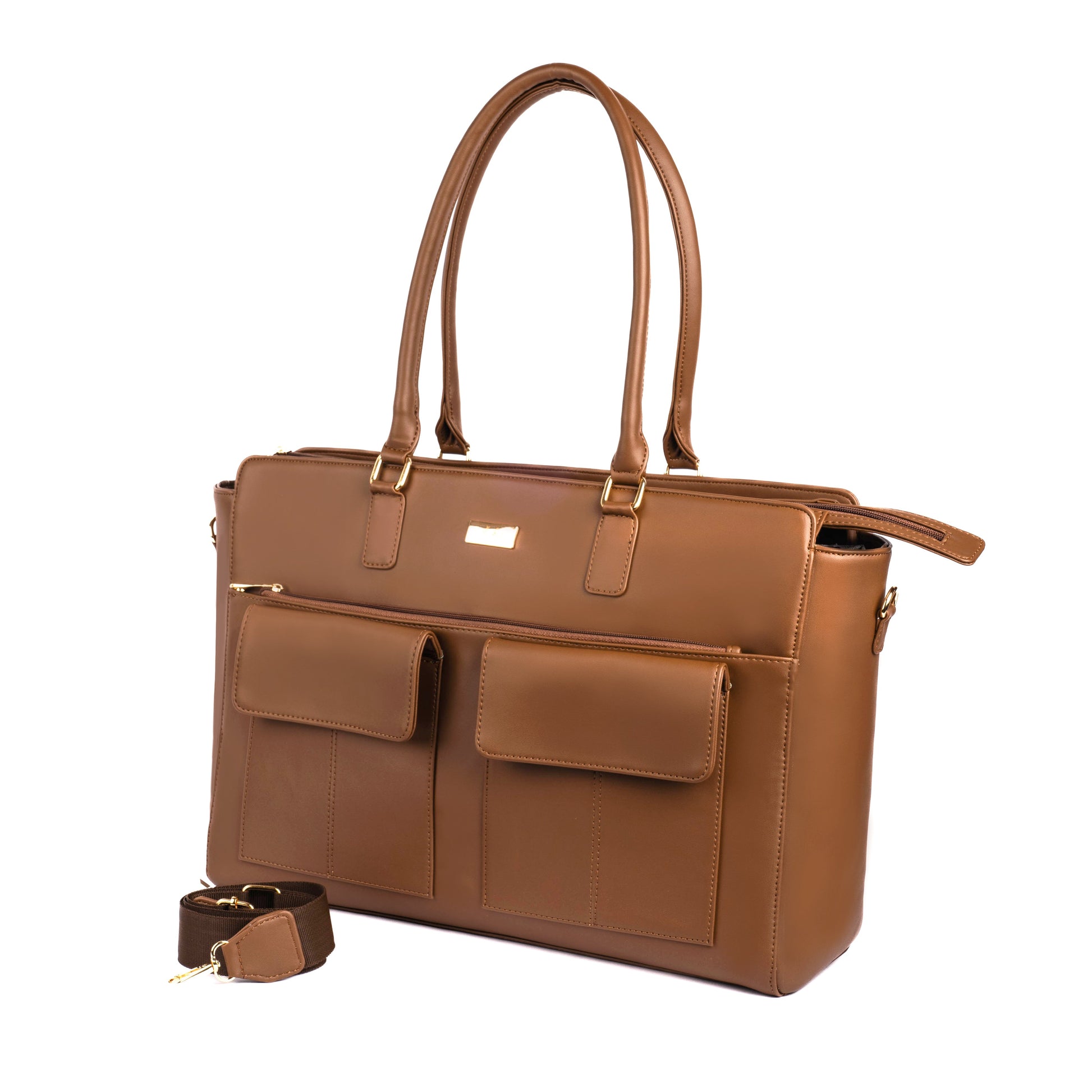 Stylish work tote for laptops in brown with spacious compartments and a detachable strap