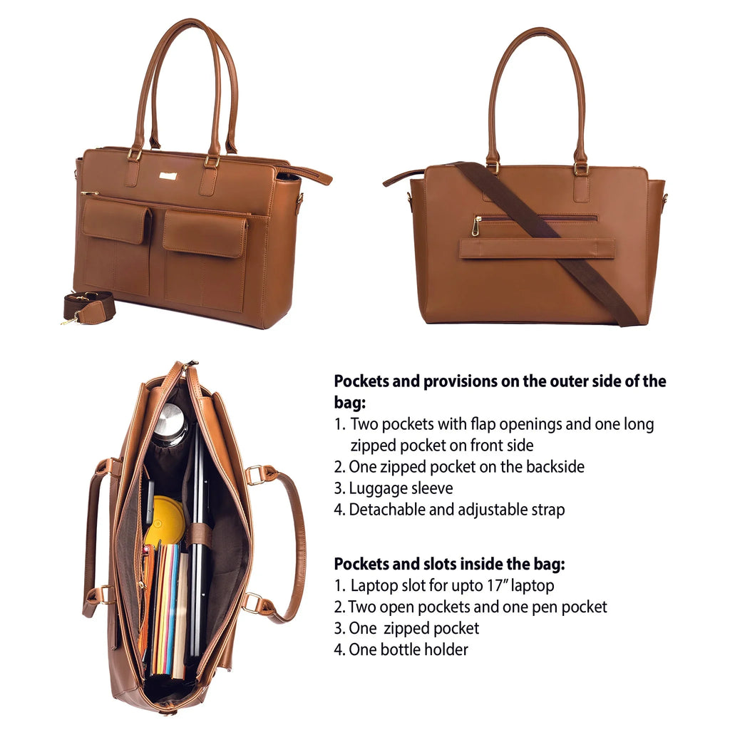 Stylera stylish work tote for laptops with multiple pockets and adjustable strap in brown