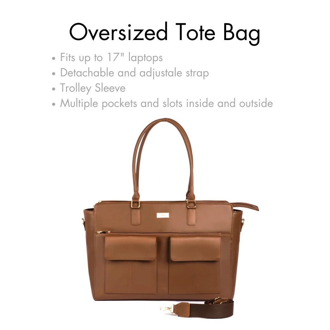 Brown oversized tote bag that fits up to 17 inch laptops, featuring a detachable strap and multiple pockets, stylish work tote for laptops.