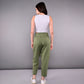 Back view of stylish yoga pants with pockets in olive green paired with a fitted gray tank top