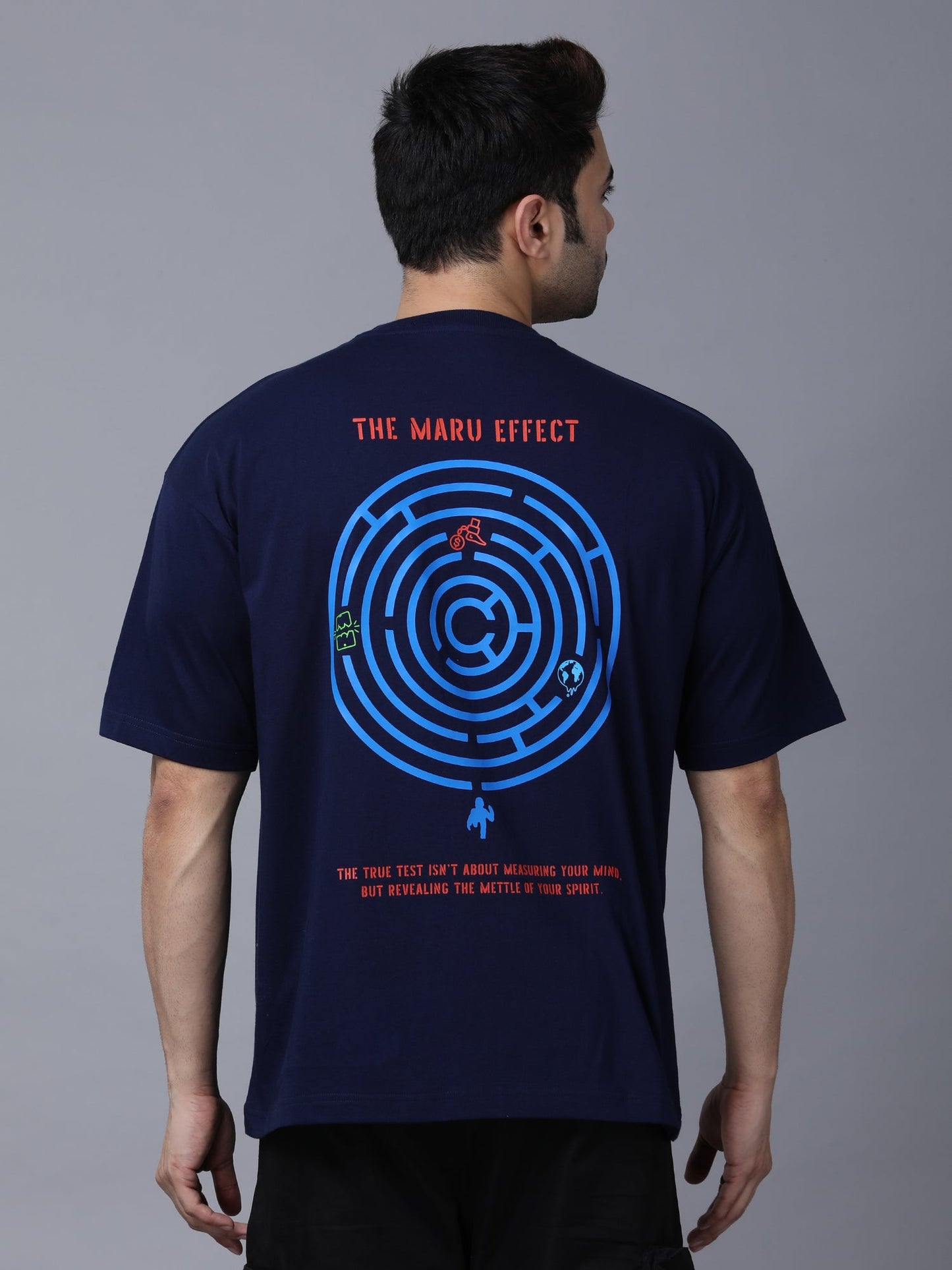 Navy blue oversized t-shirt featuring a colorful maze graphic on the back