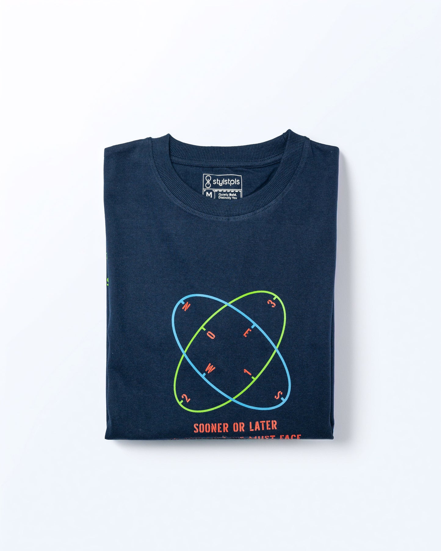 Navy blue oversized t-shirt featuring colorful graphic design and playful text by Stylstpls