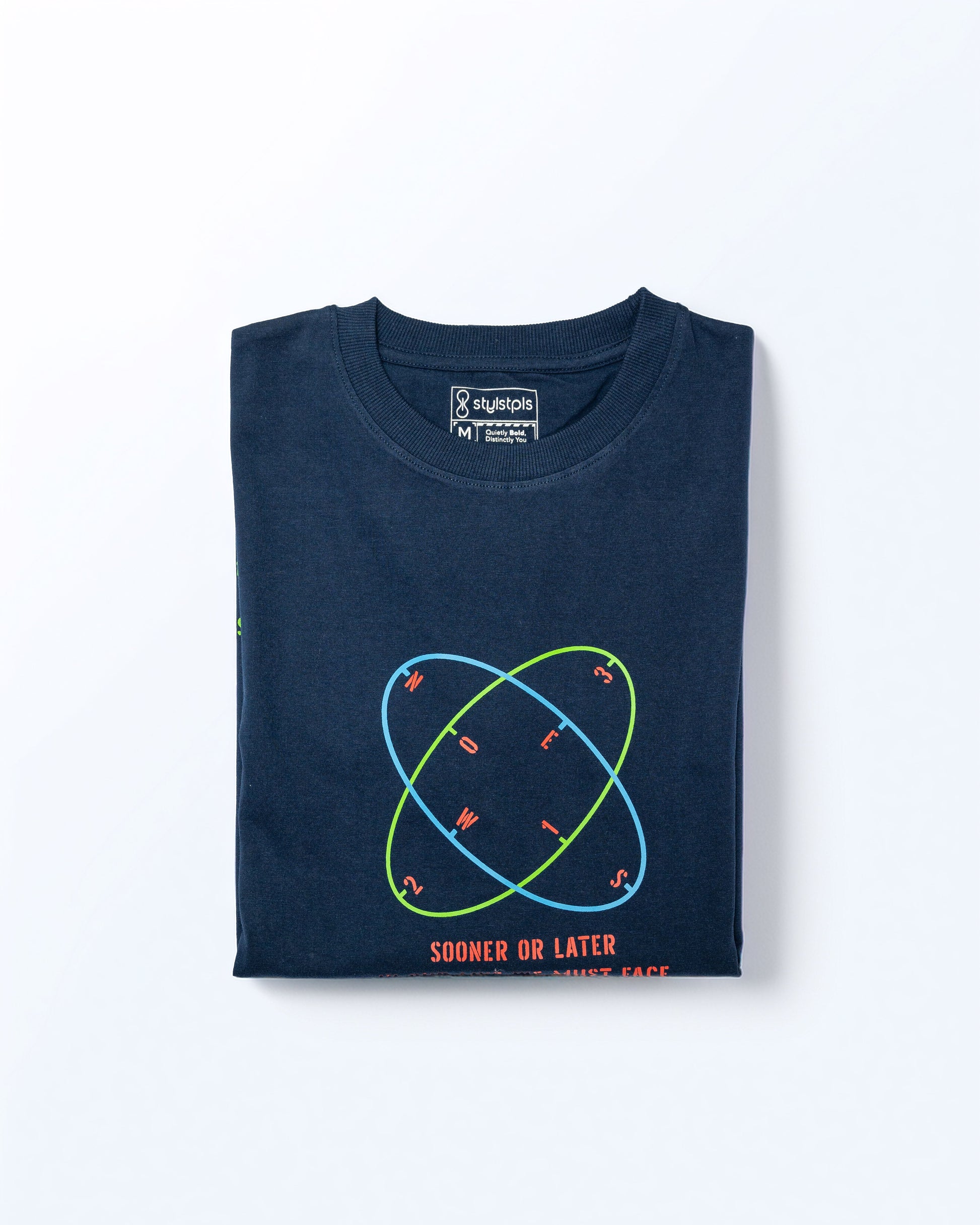 Navy blue oversized t-shirt featuring colorful graphic design and playful text by Stylstpls