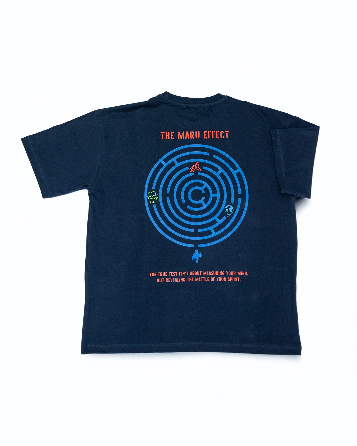 Navy blue oversized t-shirt featuring a maze design and The Maru Effect graphic on the back