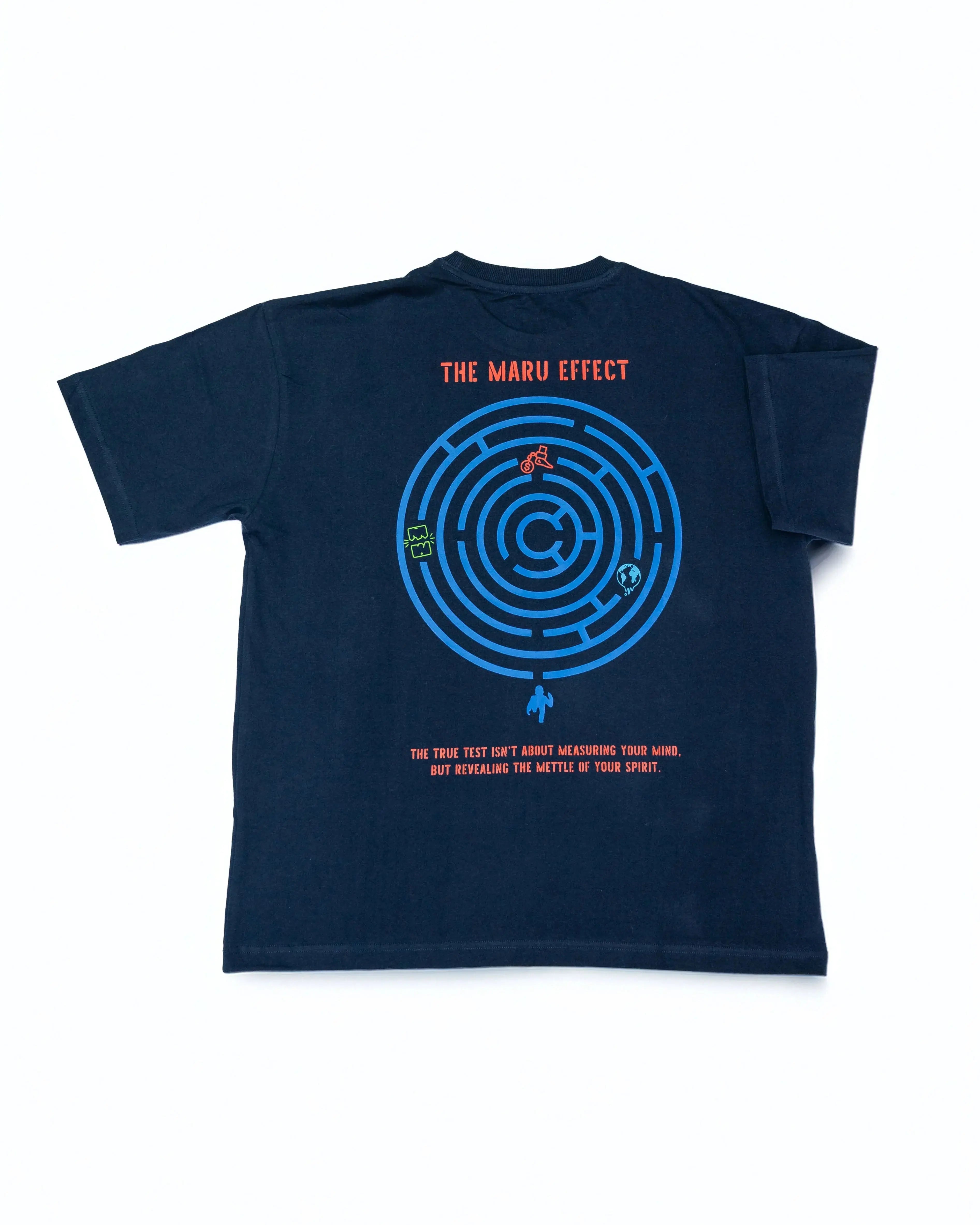 Navy blue oversized t-shirt featuring a maze design and The Maru Effect graphic on the back