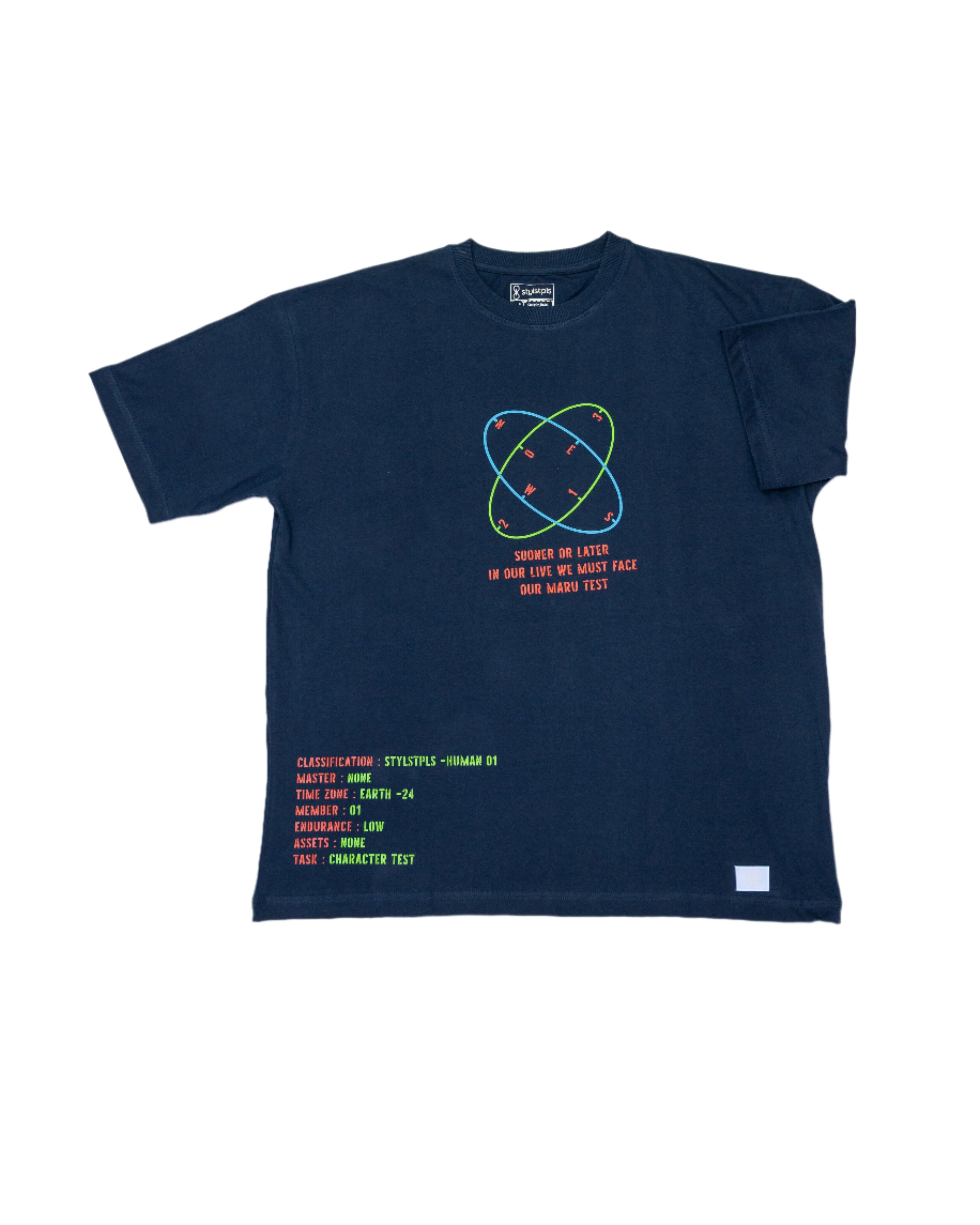 Stylstpls navy blue oversized t-shirt with colorful graphic design on the front