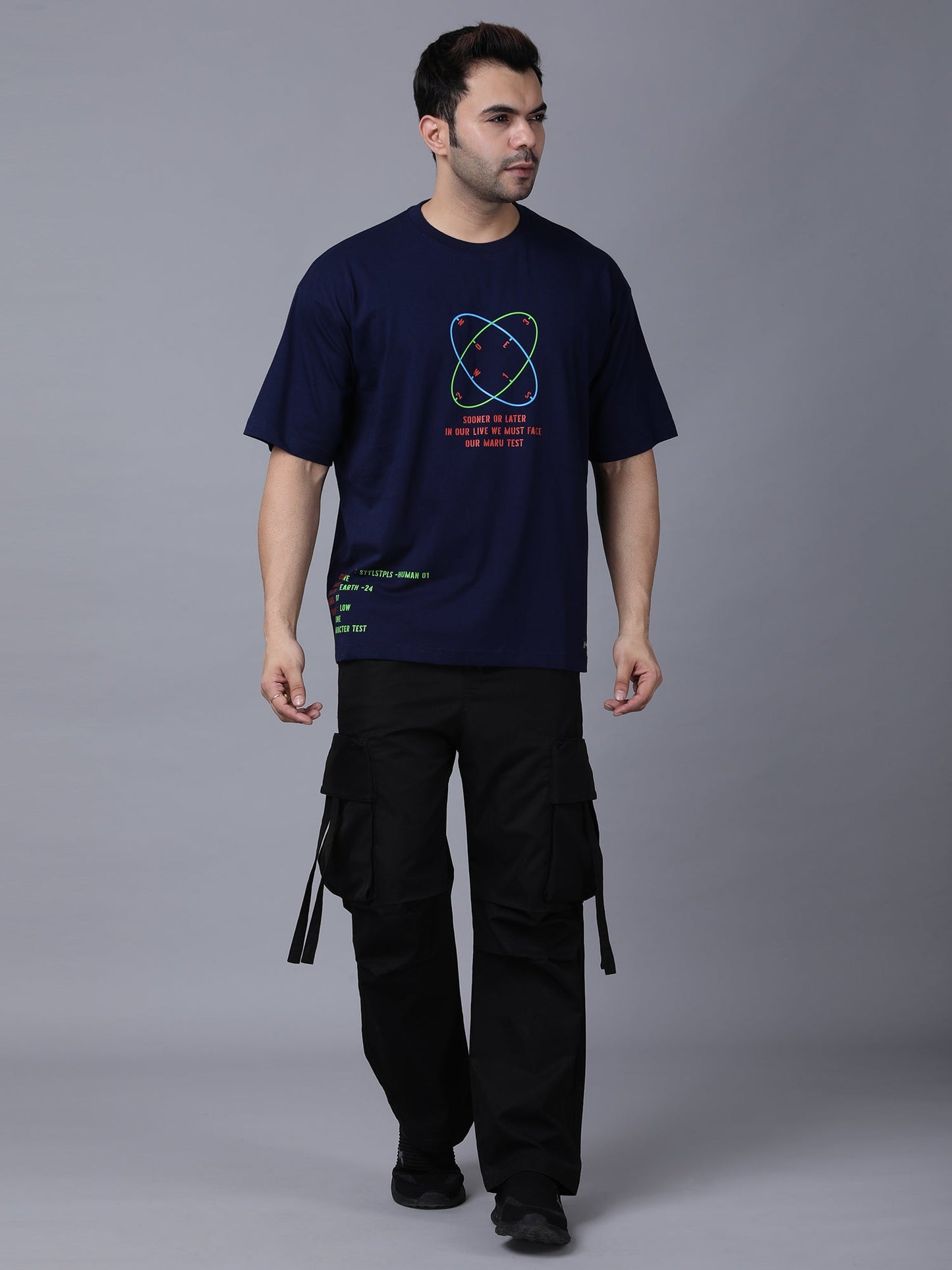 Stylstpls navy blue oversized t-shirt featuring a colorful graphic design and relaxed fit