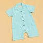 Stylera summer gingham romper outfit in light blue with short sleeves and button details