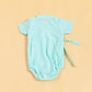 Light blue checkered summer kimono romper for infants with short sleeves and tie details