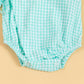 Light blue checked summer kimono romper for infants with snap closure for easy dressing