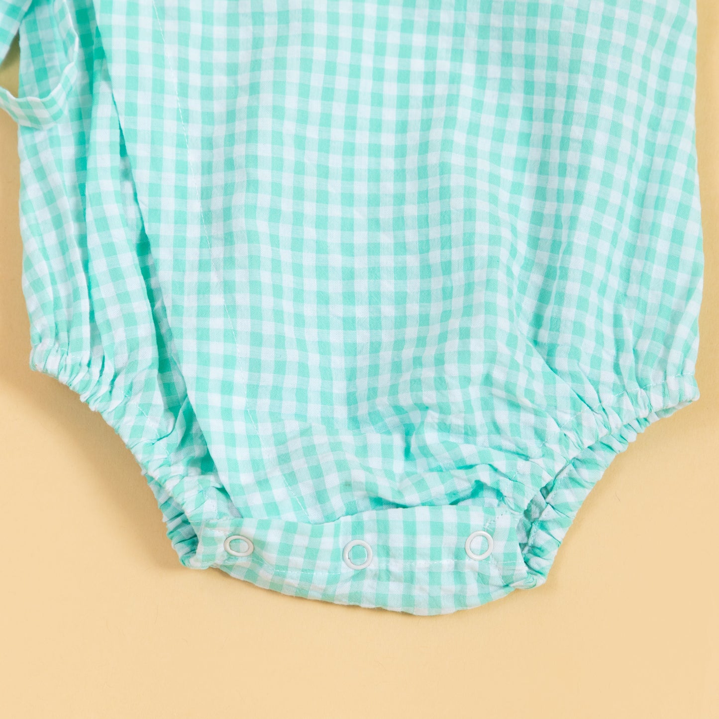 Light blue checked summer kimono romper for infants with snap closure for easy dressing