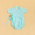 Cute teal gingham summer kimono romper for infants with wrap-style and tie detail