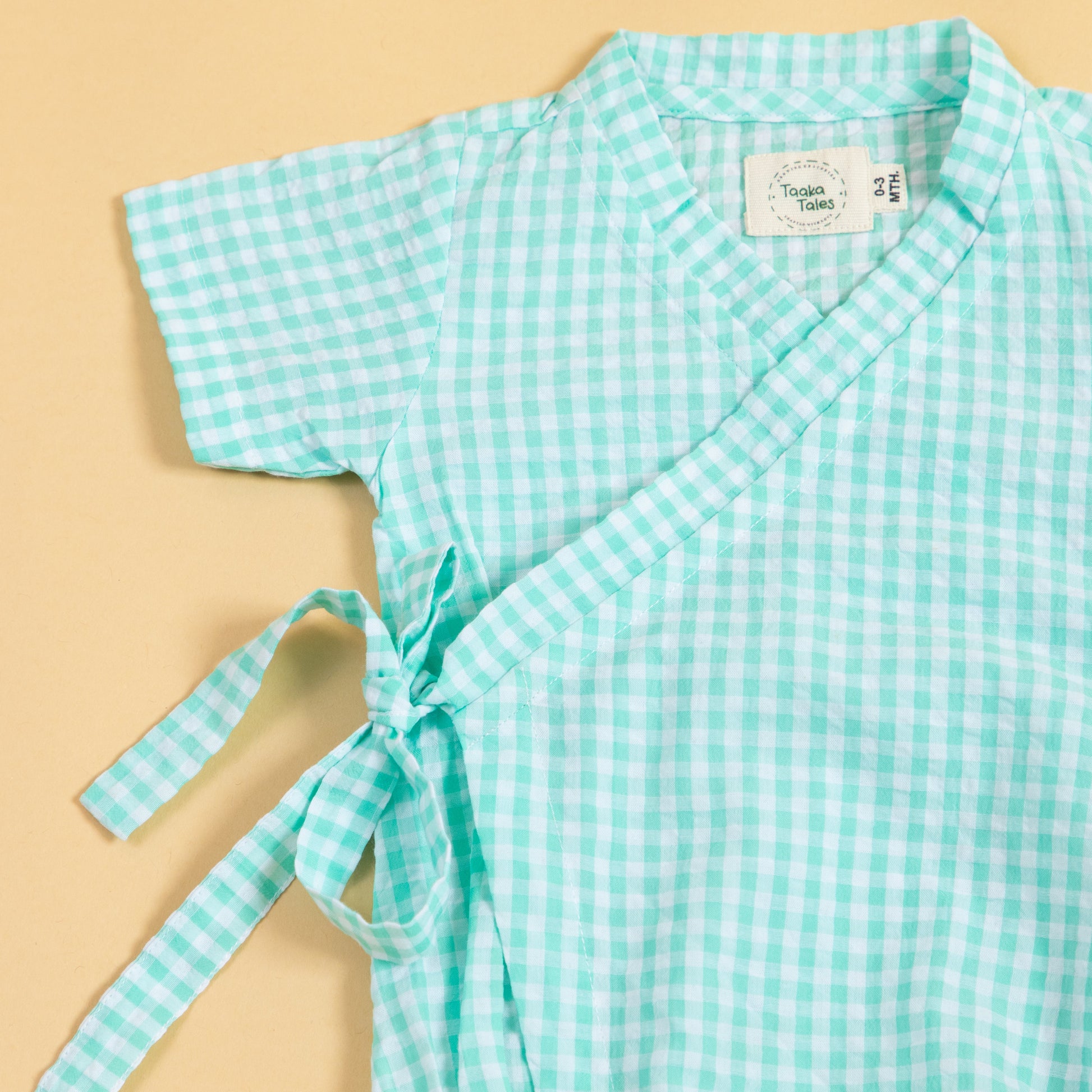 Stylera Summer Kimono Romper for Infants in Light Blue Gingham Pattern with Ties
