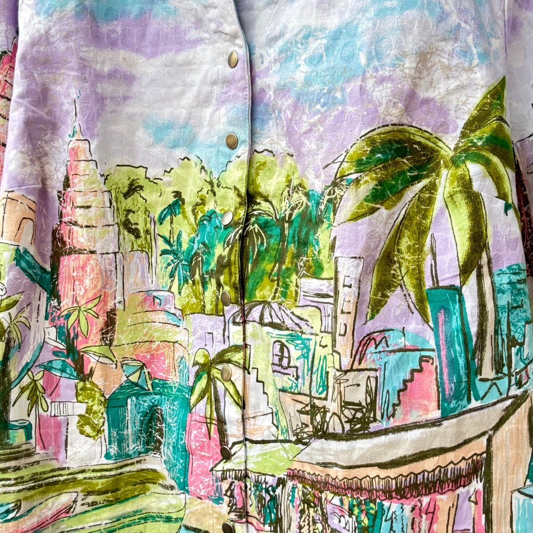 colorful long sleeve art shirt with pastel tropical cityscape print palm trees and visible front buttons