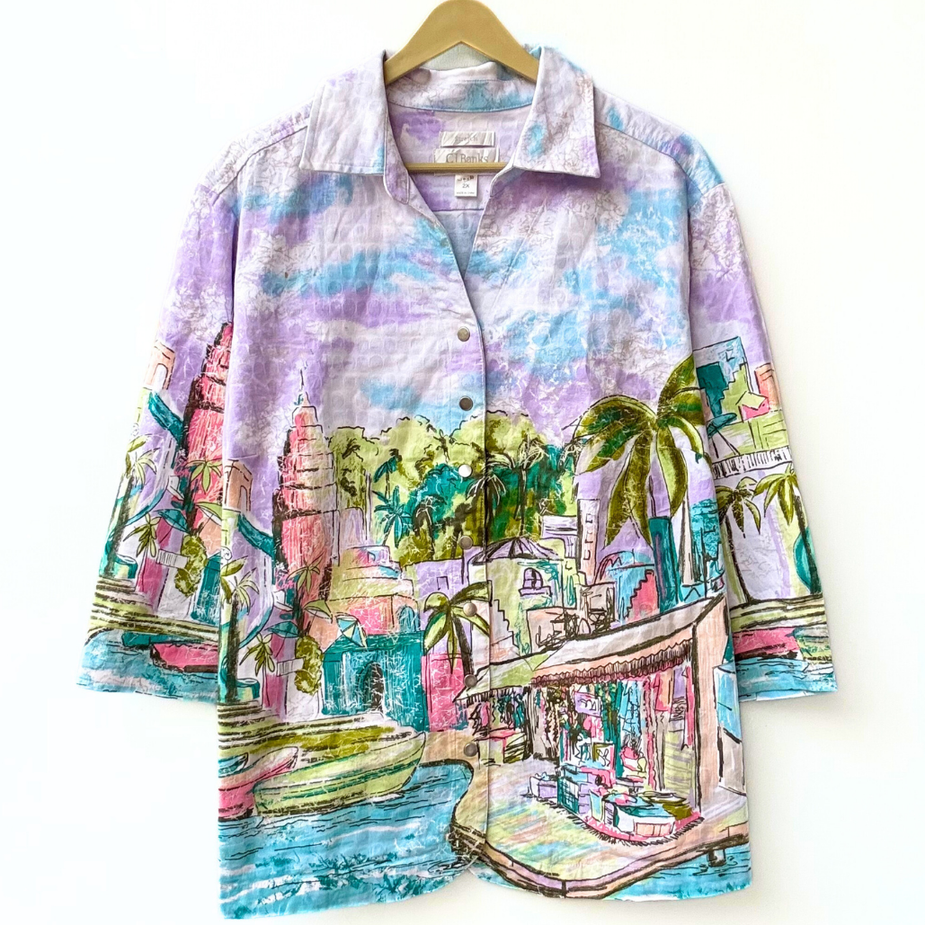 colorful long sleeve art shirt by Stylera featuring pastel watercolor seaside cityscape with palms