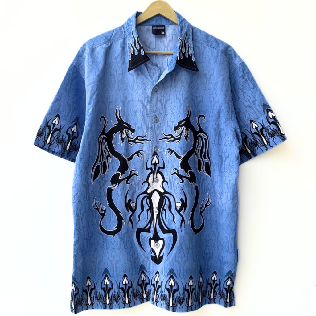 Stylera  blue button up short sleeve statement shirt with black tribal dragon print and flame collar
