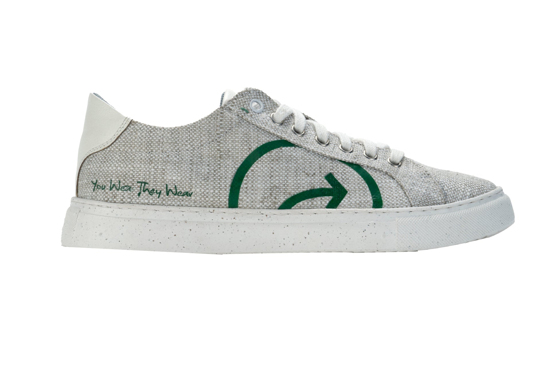 Stylera sustainable fashion sneakers for women in gray with green logo and eco-friendly design
