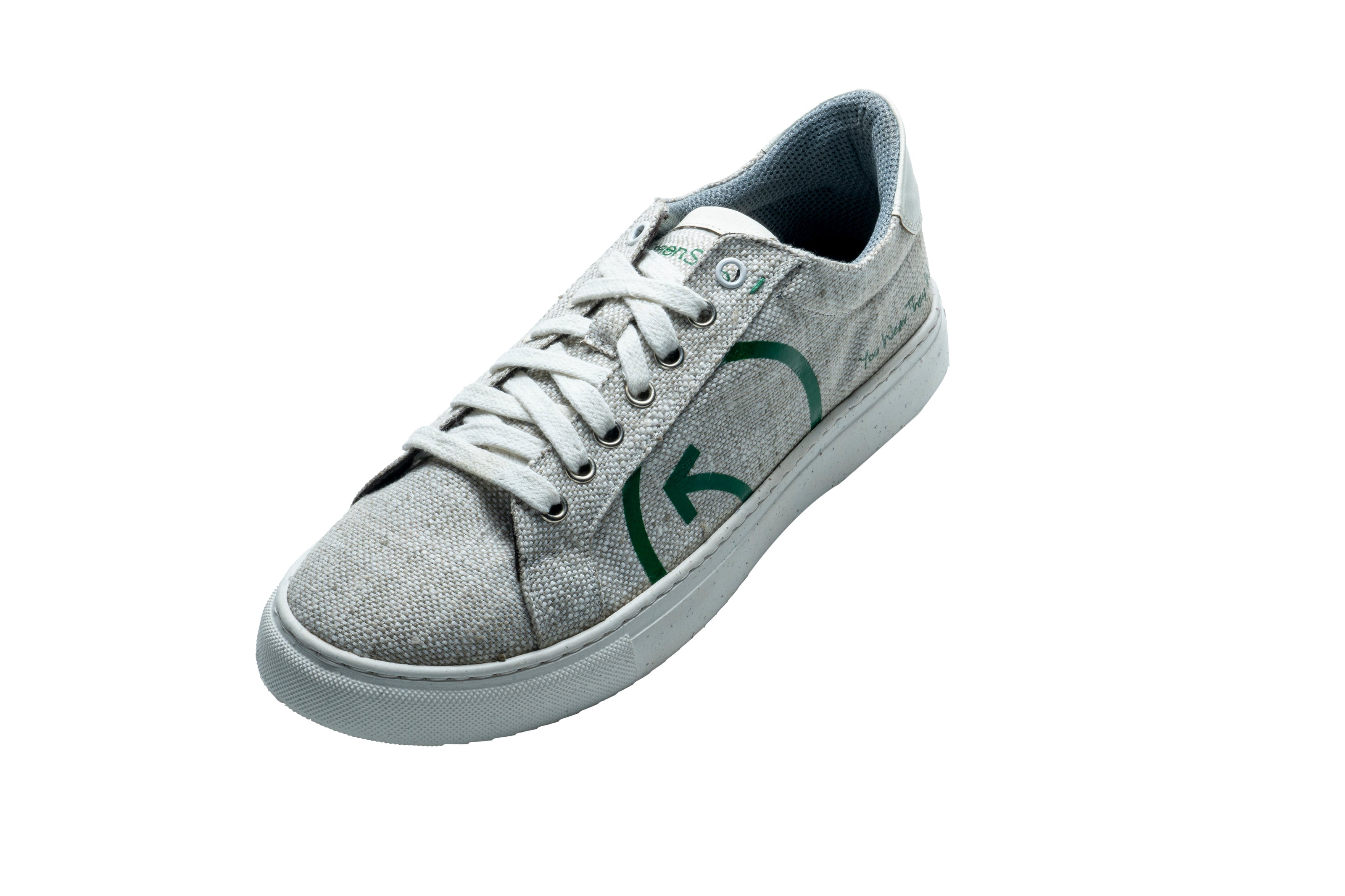 Stylish sustainable fashion sneakers for women with a light gray canvas upper and green logo accents