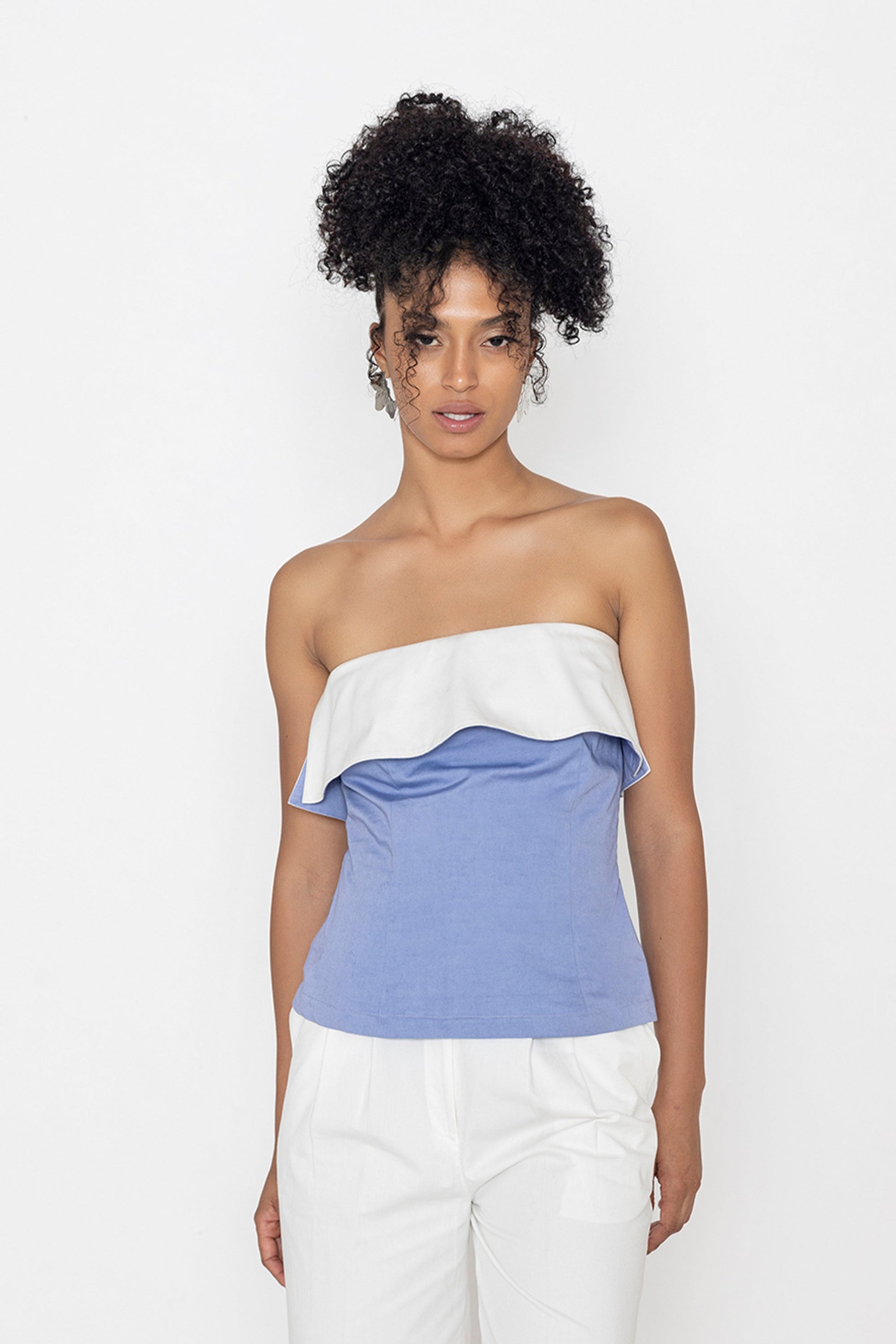 Stylera Swan lake inspired fashion top strapless blue with white ruffle detail