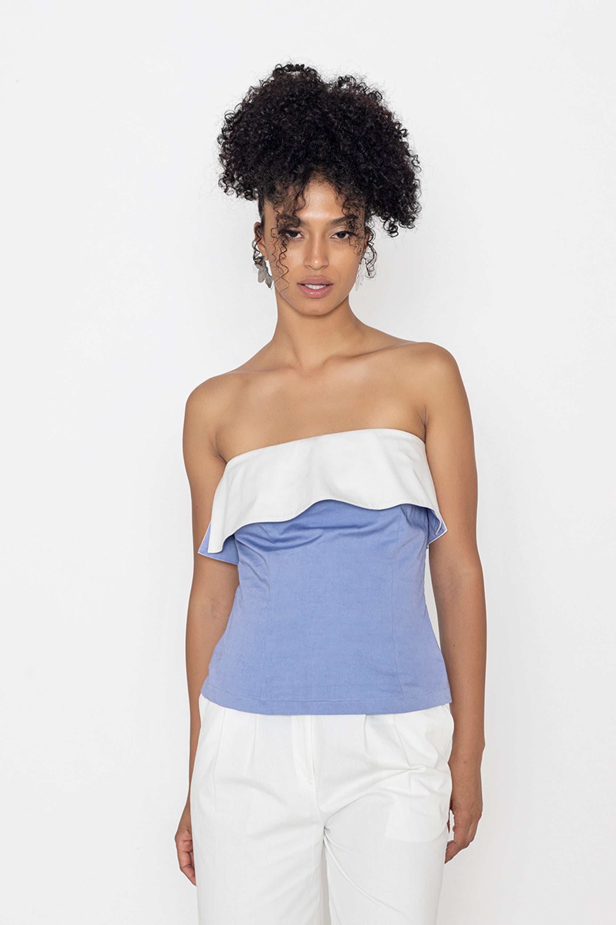 Stylera Swan lake inspired fashion top strapless blue with white ruffle detail