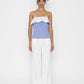 Swan lake inspired fashion top in blue and white strapless design paired with white wide-leg pants