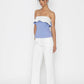 Stylera Swan lake inspired fashion top in blue and white strapless style worn with white pants