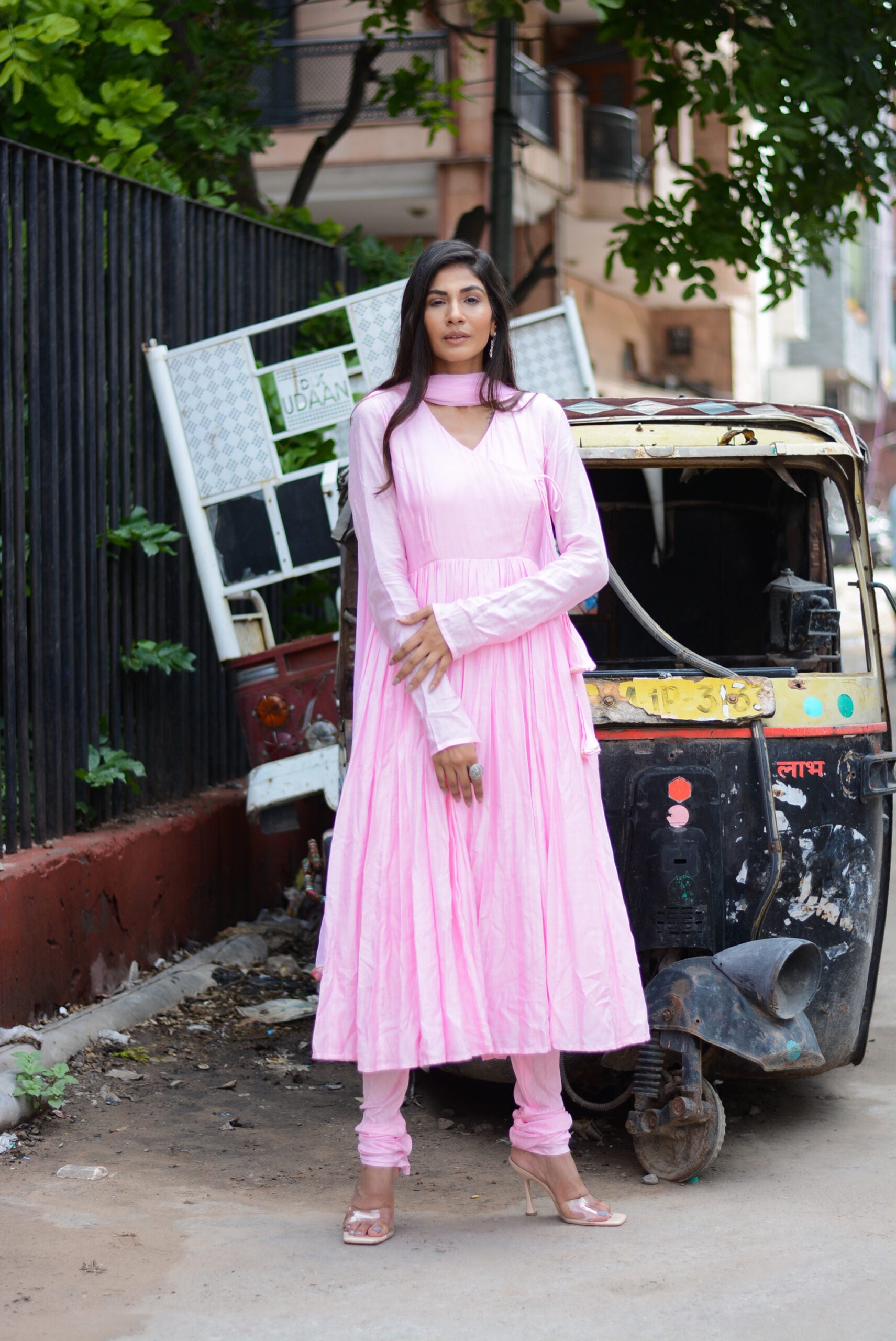 Taffy pink anarkali suit set with long sleeves and stylish detailing for festive occasions