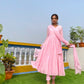 Elegant taffy pink anarkali suit set with intricate design, perfect for festive occasions