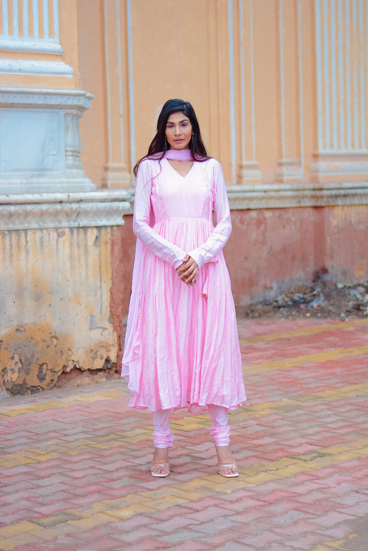 Taffy pink anarkali suit set with long sleeves and pleated skirt for elegant occasions