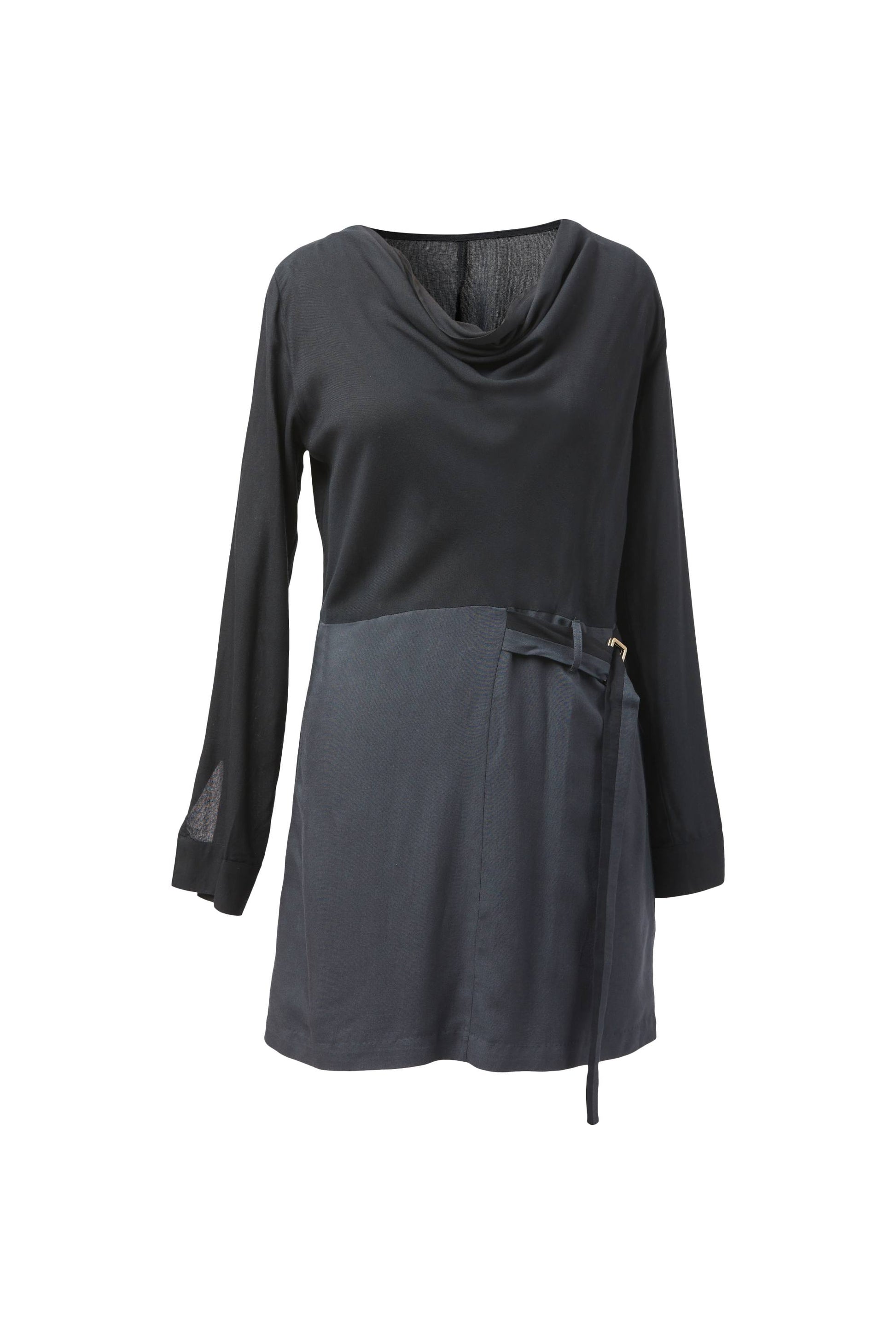 Stylera Tate cowl neck dress in black with long sleeves and waist tie detail 