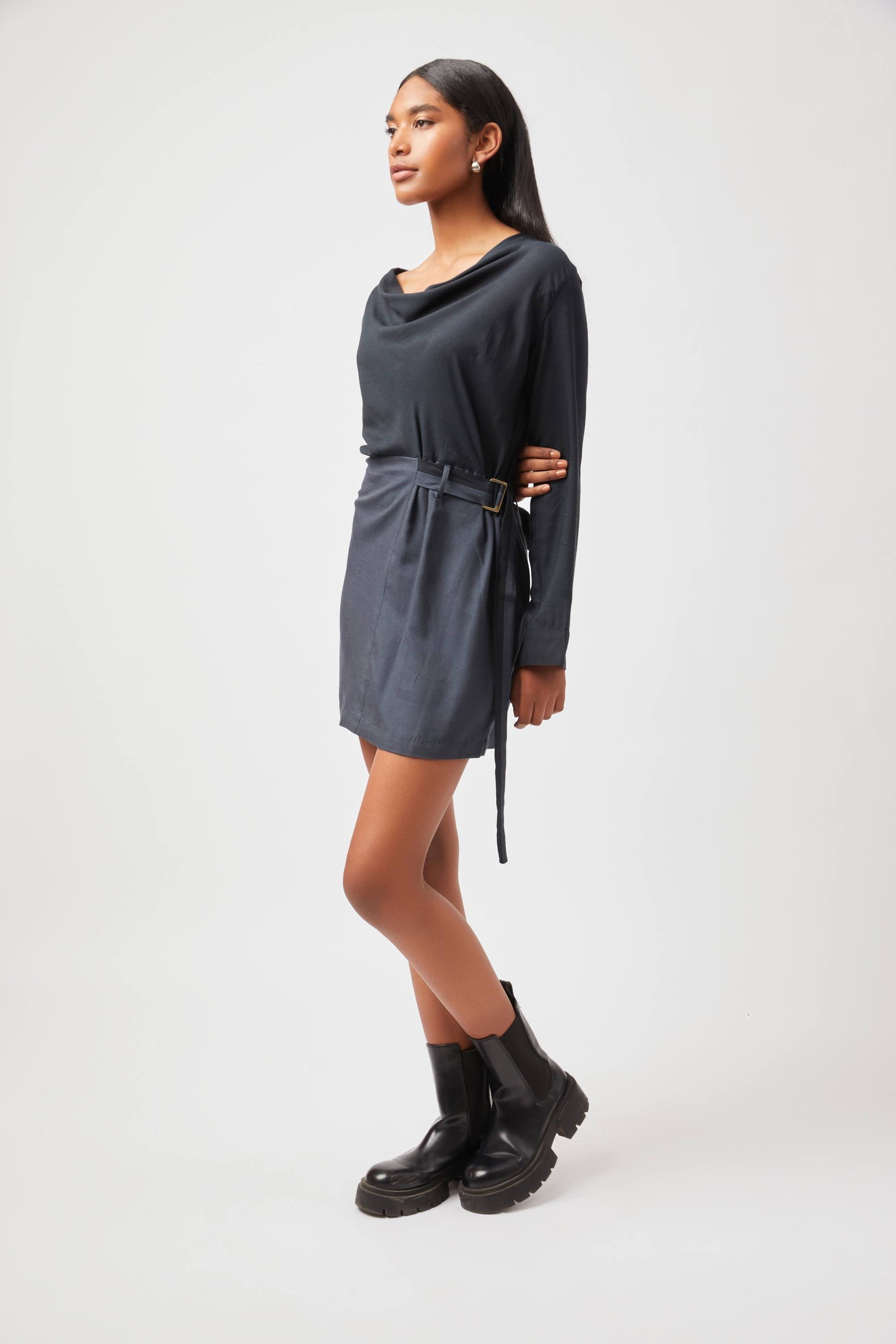 Stylera Tate cowl neck dress in dark color styled with black ankle boots
