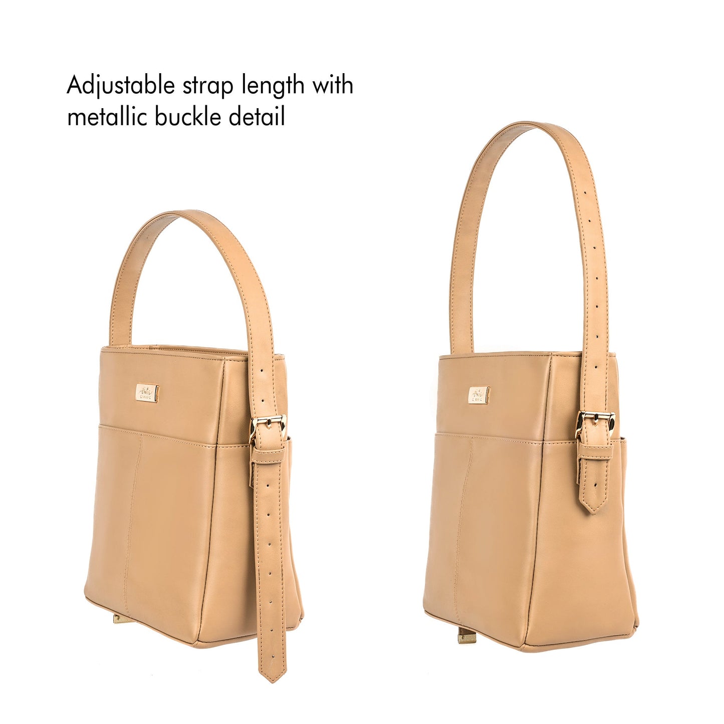 Taupe bucket bag for women with adjustable strap and metallic buckle detail