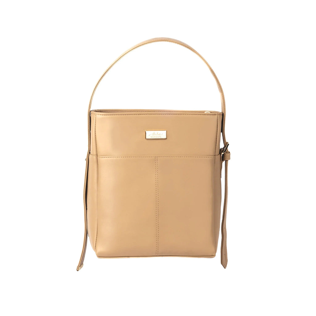 Stylish taupe bucket bag for women by Stylera with a sleek design and adjustable strap